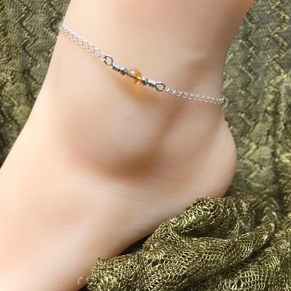 Citrine Sterling Silver Ankle Bracelet- Golden Citrine Anklet - Picture 2 of 7